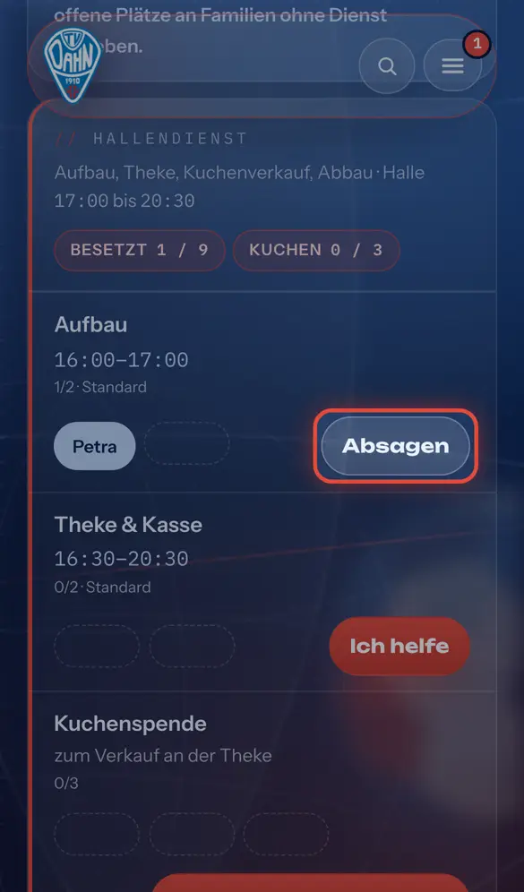 Schritt 3: Du stehst jetzt in der Schicht. Passt es doch nicht, tippe auf „Absagen“.
